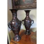 Pair of Oriental Bronze Vases with Side Carry Handles and Embellished Decoration Each