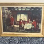 Antique Oileograph Depicting Huntsmen within an Interior Before The Hunt Approximately 20 Inches