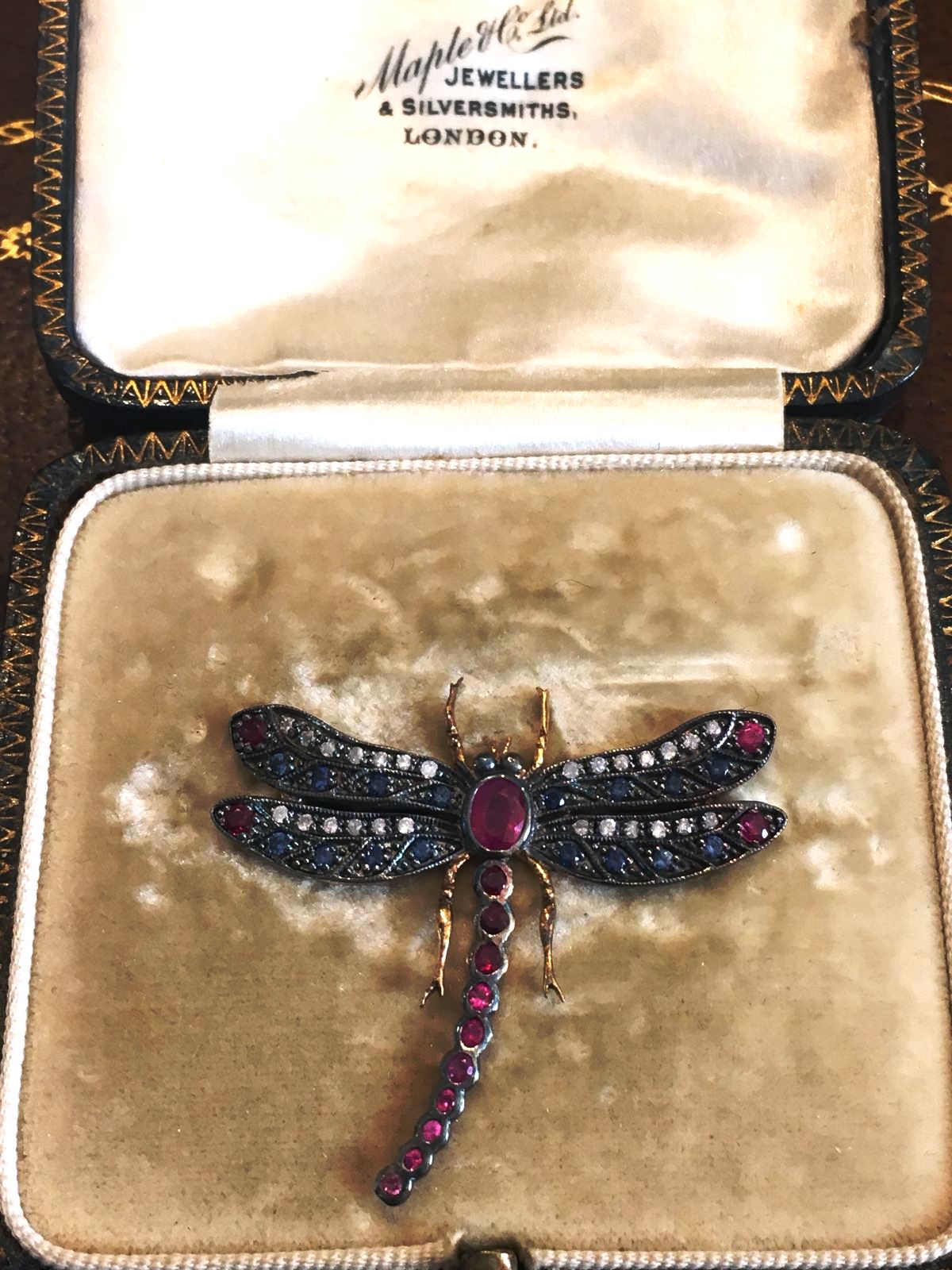 Gold Diamond Ruby Sapphire Set Dragon Fly Motif Brooch