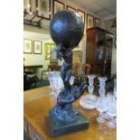 Bronze Sculpture Nude Holding World Aloft Resting on Open Hand Mounted on Square Form Marble Base