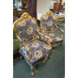 Pair of Carved Giltwood Drawing Room Armchairs of Generous Size with Upper Cartouche Decoration
