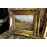 Gilt Framed Porcelain Plaque Depicting Continental River Scene Approximately 8 Inches High x 10