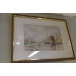 Victorian School Scarborough Harbour with Shipping Fleet and Figures on Foreshore Watercolour