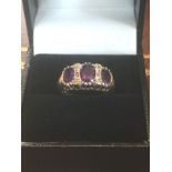 9 Carat Gold Mounted Amethyst and Diamond Three Stone Ring