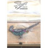 Diamond Ruby Sapphire and Emerald Decorated Pheasant Brooch Mounted on 14 Carat Gold