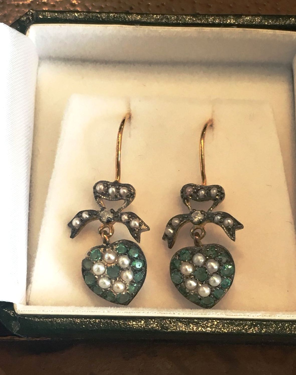 Gold and Emerald Decorated Diamond Heart Motif Earrings with Further Seed Pearl Decoration