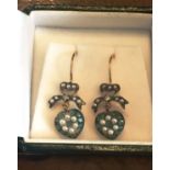 Gold and Emerald Decorated Diamond Heart Motif Earrings with Further Seed Pearl Decoration