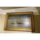 Military Marine School Oil on Canvas Depicting Naval Frigate Approximately 18 Inches High x 28