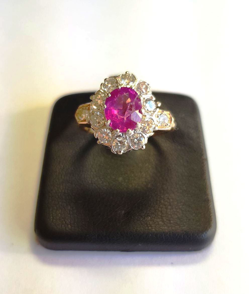 Natural Burmese Ruby Centre Stone Ring with Further Diamond Decoration Clustered Around and