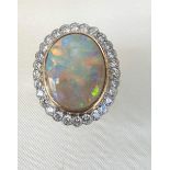 Platinum Mounted Black Opal Diamond Surround Centre Stone Ring Approximately 1.5 Carat Diamond