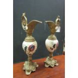 Pair of Edwardian Ormolu Mounted Porcelain Ewers Each Approximately 11 Inches High