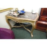 Victorian Carved Giltwood Centre Table with Inset Marble Top Across Shaped Cross Stretcher Support