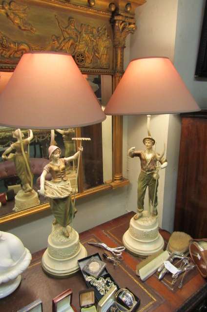 Pair of Antique Figural Form Table Lamps Electrified with Conical Form Shades Each Approximately