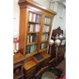 Victorian Mahogany Two Door Glazed Bookcase with Dickens Writing Slope and Side Pedestal Drawers