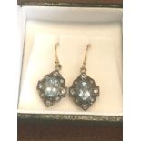 Pair of Diamond and Blue Topaz Decorated Drop Earrings Mounted on 9 Carat Gold