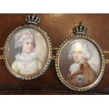 Pair of Antique Georgian Silver Mounted Portrait Miniatures of Elegant Lady and Gentleman with