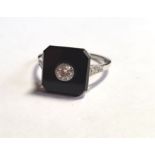 Platinum Mounted Onyx and Diamond Decorated Ring