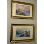 Pair of Victorian School Watercolours by Francis E Jameson Lake Scenes with Mountains Beyond Each