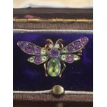 Amethyst and Peridot Fly Motif Brooch Set on 14 Carat Gold with Further Diamond Decoration