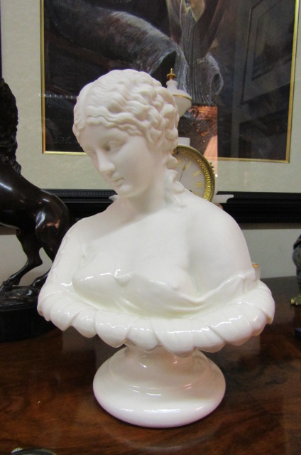 Belleek Porcelain Figure of Pensive Lady on Turned Pedestal Base Yellow Mark Approximately 10 Inches