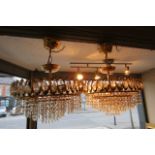 Pair of Vintage Brass and Crystal Mounted Ceiling Lights with Original Ceiling Pendants Each