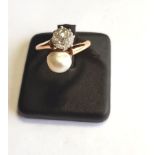 Natural Pearl and Diamond Moi et Toi Ladies Ring Cushion Cut Diamond of Approximately 1.4 Carats