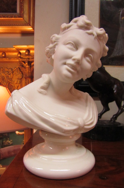 Belleek Bust of Lady on Turned Pedestal Base Approximately 48 Inches High Good Original Condition