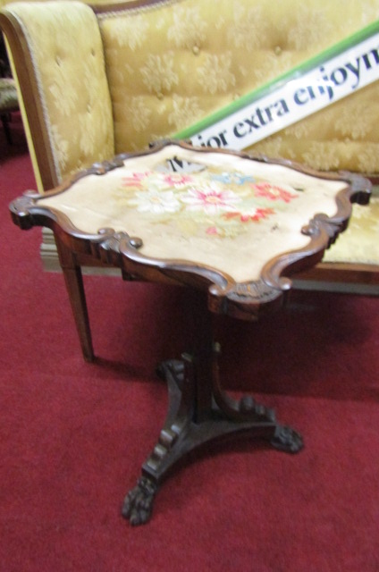 William IV Carved Rosewood Occasional Table with Inset Tapestry Decoration above Well Carved