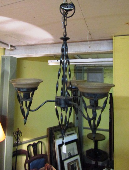 Modernist Form Wrought Iron Three Branch Ceiling Light Good Original Condition