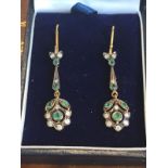 Pair of Emerald Diamond and Sea Pearl Decorated 9 Carat Gold Mounted Drop Earrings
