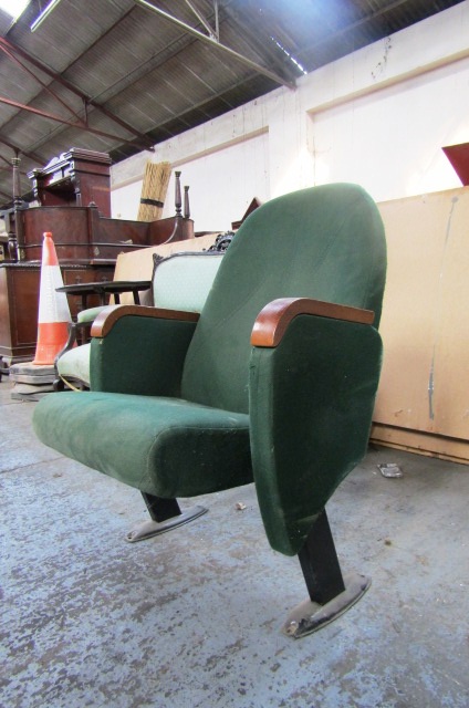 Vintage Sloped Cinema Seat with Hardwood Arm Rests on Cast Iron Base Approx 24 Inches Wide x 35