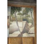 Contemporary Two Panelled Oil on Board Depicting Woodland Scene Approx 59 Inches High x 47 Inches