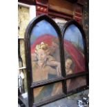 Antique Hardwood Oil on Board Painting in Gothic Motif Frame with Femme Figures Contained Within