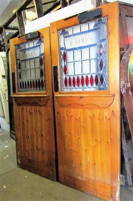Two Pine Ladies and Gents Doors with Leaded Stain Glass Inset Approx 60 Inches Wide x 79 Inches High