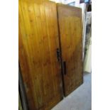 Pine Double Doors with Iron Forged Motif Handles Total Width Approx 60 Inches Wide 77 Inches High
