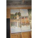 Contemporary Two Panelled Oil on Board Depicting River Scene Approx 59 Inches High x 47 Inches Wide