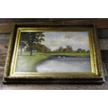 Oil on Canvas Depicting Country Scene with Gilded Frame 24 Inches Wide x 20 Inches