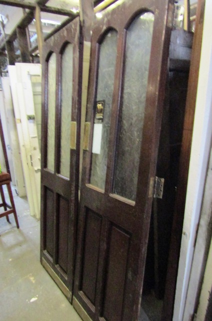 Antique Solid Double Doors with Push Plates and Glazed Insert Panels Total Width Approx 54 Inches