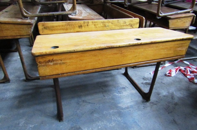 Vintage School Desk with Wrought Iron Frame and Retractable Seat Approx 42 Inches Wide x 30 Inches