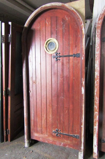 Antique Gothic Dome Top Door with Brassbound Portcullis Motif Decoration Approx 32 Inches Wide x