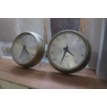 Pair of Vintage Neat Form Brass Bound Gents Wall Clocks Each 11 Inches Wide