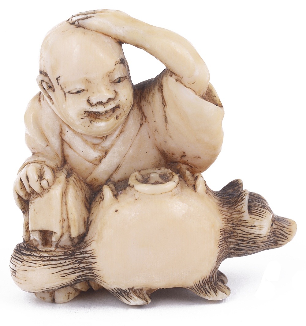 ˜IVORY NETSUKE OF THE BUMBUKU CHAGAMA, CIRCA 1870 the tea kettle already transformed into a