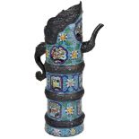 A CHINESE CLOISONNE ENAMEL LARGE BEER JUG, TIBETAN STYLE, 20TH CENTURY the cylindrical bronze body