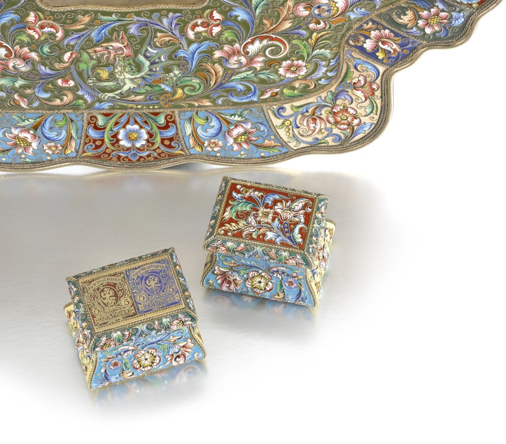TWO RUSSIAN SILVER-GILT AND CLOISONNE ENAMEL STAMP BOXES AND A DESK TRAY, FEODOR RUCKERT, MOSCOW, - Image 2 of 3