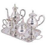 AN ITALIAN FOUR-PIECE TEA AND COFFEE SET ON TRAY, CALEGARO, MODERN in Empire style, spun vase-shaped