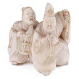 ˜IVORY NETSUKE OF TWO DANCERS, CIRCA 1870 signed: Shounsai [for Shounsai Joryu] 3.7cm high