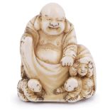 ˜IVORY NETSUKE OF THE LUCKY GOD HOTEI WITH CHILDREN, CIRCA 1870 two of the boys crawling from