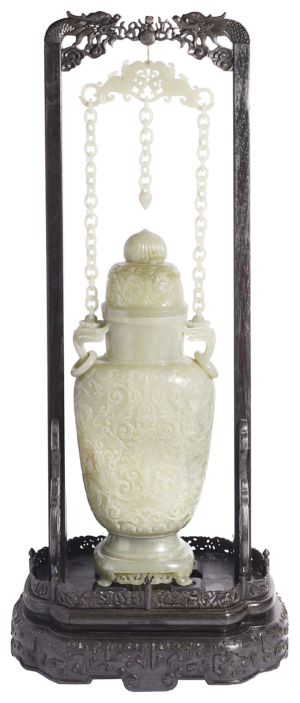 A CHINESE MUGHAL-STYLE JADE BALUSTER VASE AND COVER WITH CHAIN HANDLE the flattened baluster body