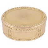 A FRENCH TWO-COLOUR GOLD SNUFF BOX, PARIS, 1775-1776 oval, with chased running leaf and fluted
