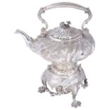 ˜A VICTORIAN SILVER TEA KETTLE ON STAND WITH BURNER, BENJAMIN SMITH, LONDON, 1846 the fluted